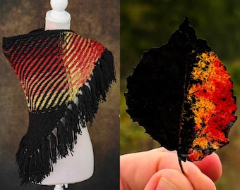 Handwoven triangle shawl made from yarn scraps.
