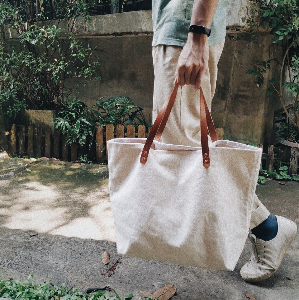 leather and canvas tote