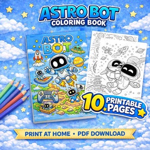 Libro para colorear Astro Bot (PDF), 10 páginas imprimibles digitales, descarga instantánea en PDF, páginas para colorear para niños y adultos, libro para colorear atrevido y fácil.
