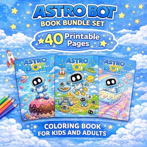Paquete de libros para colorear de Astro Bot, 40 páginas imprimibles en PDF, páginas para colorear de robots espaciales para niños y adultos, aventuras espaciales, robots cósmicos.