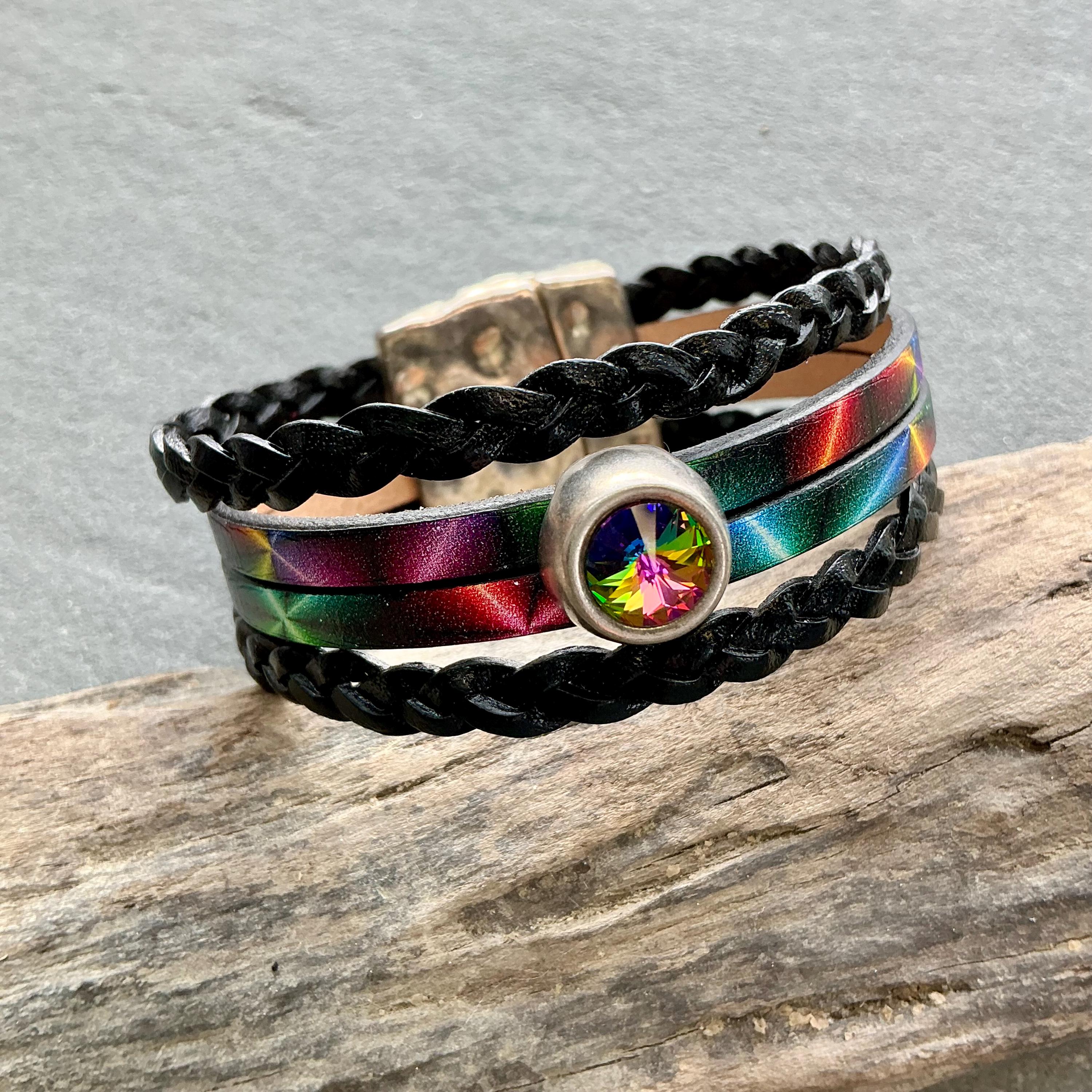 Leather Bracelet Wide Cuff Rainbow Swarovski Crystal Artisan