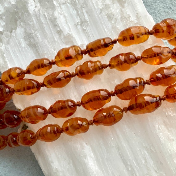 Vintage Honeycomb Gold Glass Necklace Long Necklace Hand-knotted