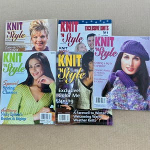 May include: A collection of five Knit 'N Style magazines featuring various cover models wearing knitted garments. The magazines display titles such as Spring/Summer 2001, Exclusive Knits, Special Spring Classics, and Knitting is Big for Fall/Winter.