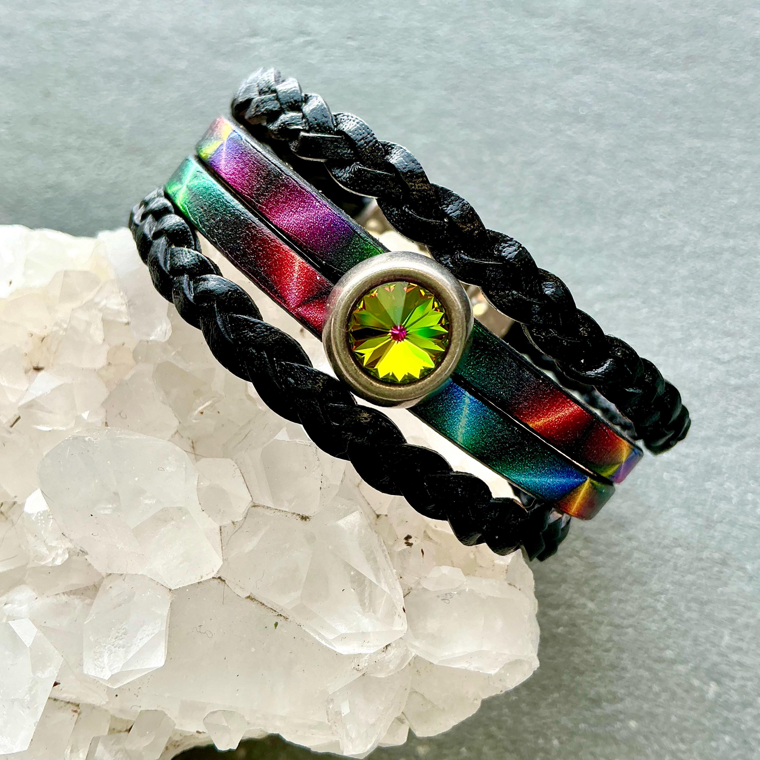 Leather Bracelet Wide Cuff Rainbow Swarovski Crystal Artisan