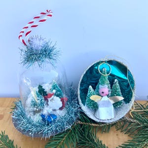 Adorno navideño vintage de cartón hilado de algodón, ángel, cepillo para botellas, árbol, bola de nieve, Papá Noel, mediados de siglo, juego de 2, coleccionable, usado, menta