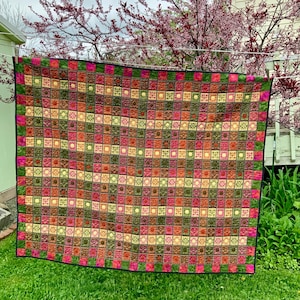 Elegant Bohemian Quilt Small Patchwork Quilt Couch Throw Handmade Handquilted Metallic Gold Fuchsia Jewel Color Batik Victorian Renaissance
