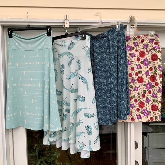 Jupe LuLaRoe Madison Medium - Rayures Bleues Et Roses à Motifs Circulaires - Occasion Très Bon état