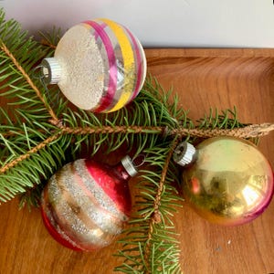 Christmas Ornaments Lot of 3 Vintage 1940s 1950s Shiny Brite Christmas Decorations Collectible Mid Century Nostalgia Flocked Xmas Balls