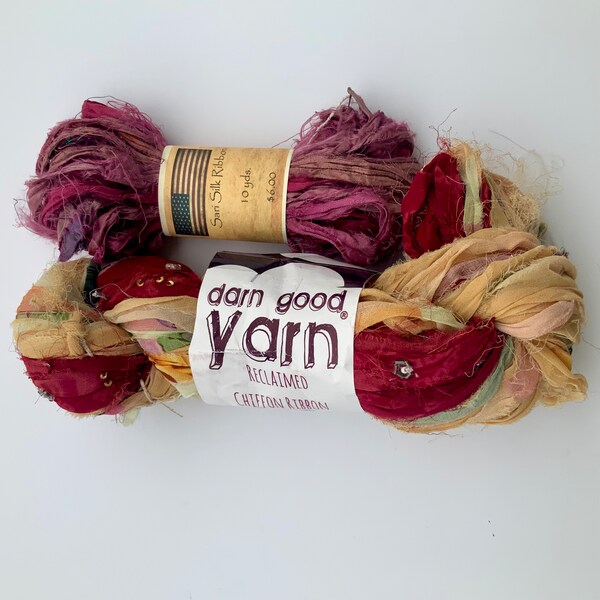 Hand Spun Yarn Sari Silk Waste Rainbow Dye Darn Good Yarn Fair Trade from India & Nepal Handwashable Reclaimed Sustainable Recycled Fiber