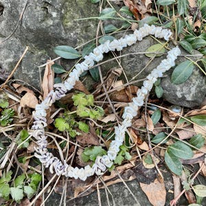 Könnte beinhalten: Eine Halskette aus weißen Muschelstücken mit einem natürlichen, unregelmäßigen Design. Die Kette besteht aus kleinen, unregelmäßig geformten Muschelteilen, die aufgefädelt sind. Sie liegt auf einem Bett aus Blättern und Zweigen, mit einem Stein im Hintergrund.