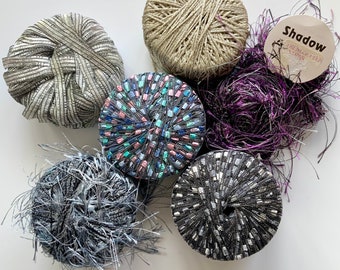 Destash Yarn Collection Lot 7 Skeins Feather Eyelash Ladder Novelty Yarn Silver Trendsetter Shadow Dazzle Crochet Crafts Macrame Mixed Lot