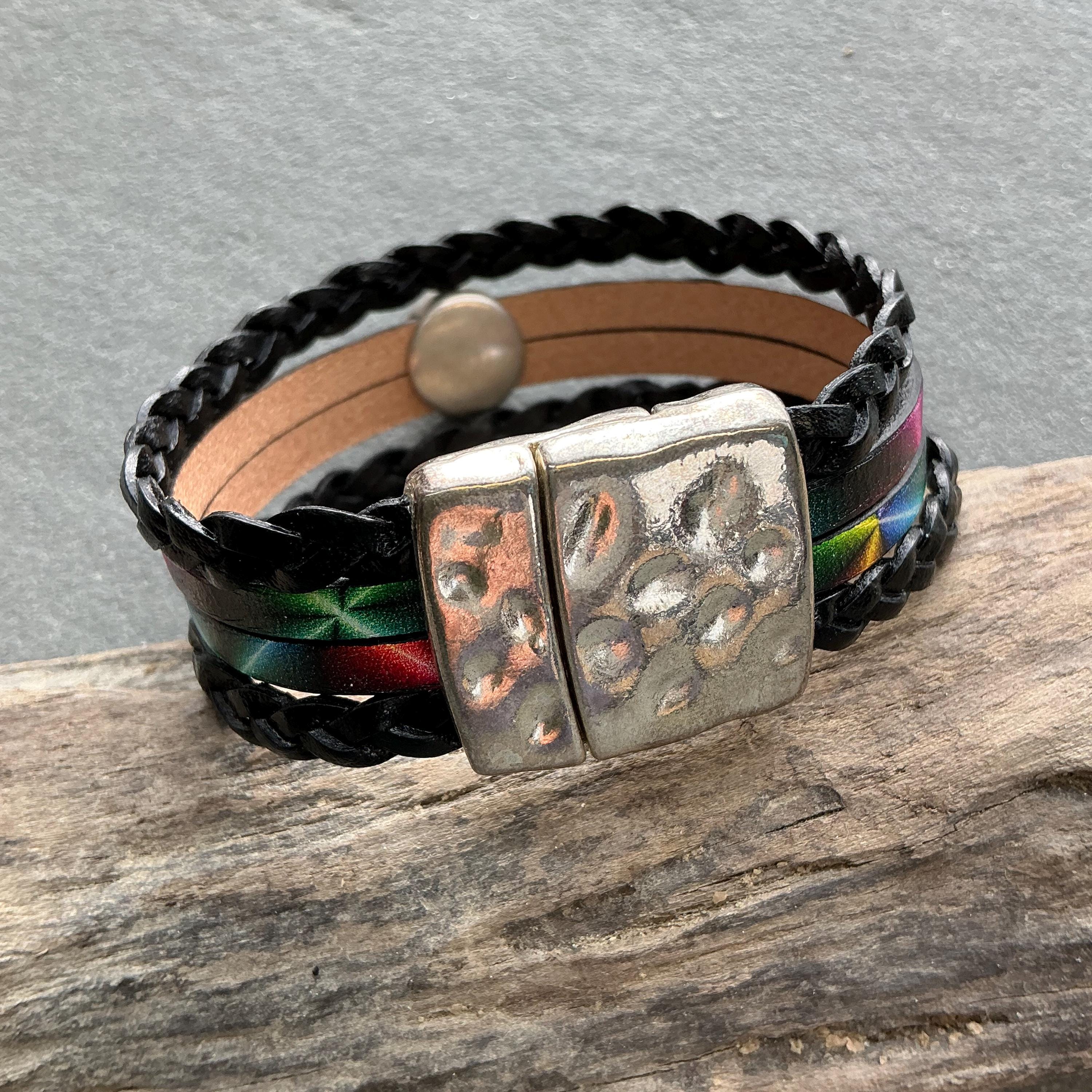 Leather Bracelet Wide Cuff Rainbow Swarovski Crystal Artisan