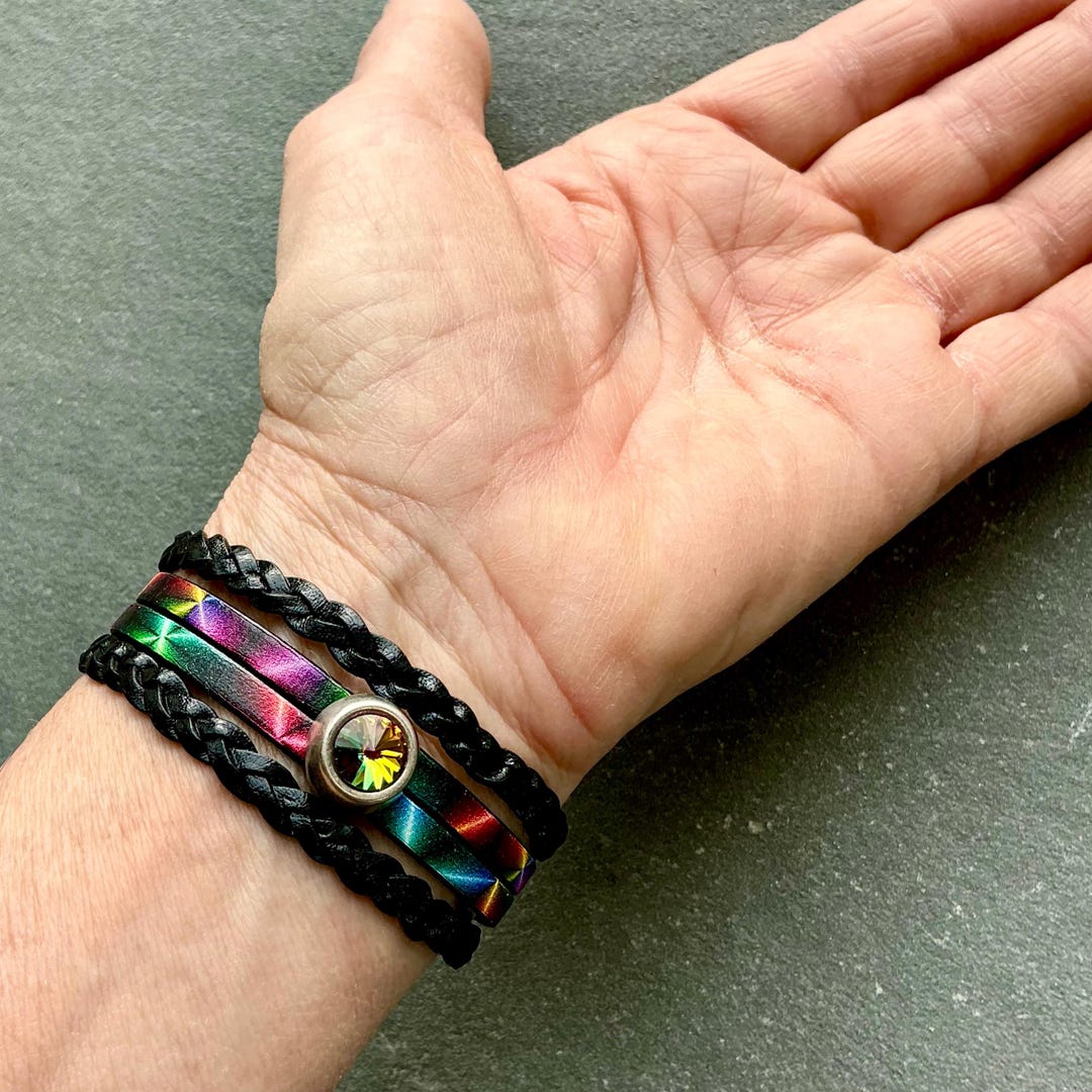 Leather Bracelet Wide Cuff Rainbow Swarovski Crystal Artisan