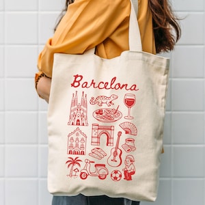 Spain Barcelona Cotton Canvas Tote Bag, Travel Shoulder Beach Bag, Hand Drawn Collage Market Shopper, Spain Lover Gift, Europe Vacation Gift