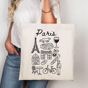 Paris Tote Bag, Gift for Traveler, European Vacation Travel Bag, Hand Drawn Paris Design, Reusable Shopping Tote Bag, Cotton Canvas Tote Bag