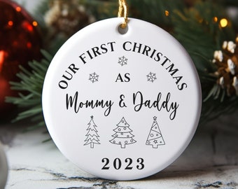 Mommy and Daddy First Christmas Ceramic Ornament, Holiday Gift for New Parents, White Round Ceramic Ornament, Baby First Christmas Ornament