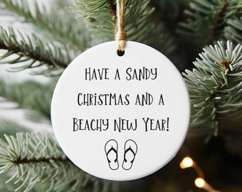 Beachy Christmas Ornament, Sandy Christmas and Beachy New Year Ornament, White Round Ceramic Holiday Ornament, Beach Lover Gift, Beach Theme