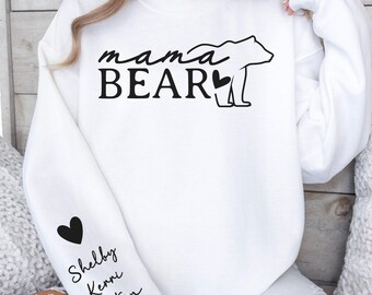 Personalized Mama Bear Sweatshirt With Kids Names On Sleeve, Custom Mom Sweatshirt, Mama Bear Gift For Mom, Mothers Day Gift For Her