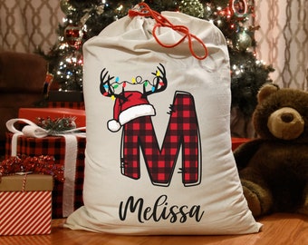 Personalized Christmas Gift Bag, Decorated Letter Name Linen Gift Bag, Plaid Reindeer Letter Drawstring Bag, Reusable Christmas Gift Bag