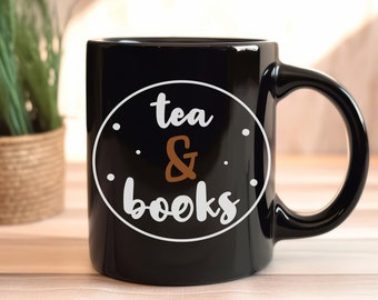 Tea Drinker Mug, Tea and Books Black Ceramic Mug, Gift for Librarian, Reading Teacher Gift, 11 Ounce Ceramic Coffee Mug, Gift for Book Lover