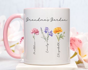 Custom Grandma Mug, Personalized Birth Month Flower Mug, Mother's Day Gift, Grandchild Name Mug, Accent Color Mug, White 11 Ounce Coffee Mug