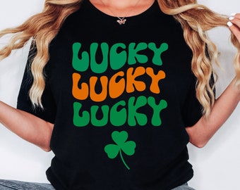 Lucky St. Patrick's Day Shirt, Fun Retro Style Repeating Words T-shirt, Lucky Shamrock Tee St. Patrick's Day, Unisex Jersey Short Sleeve Tee