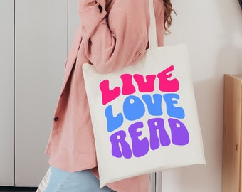 Library Book Tote Bag, Reading Lover Gift, Live Love Read Cotton Canvas Tote Bag, Reading Teacher Gift, Book Lover Tote Bag, Reader Tote Bag