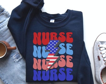 Patriotic Nurse Sweatshirt, Nurse Appreciation Gift, Retro Groovy Nurse Shirt, Nurse Graduation Present, Unisex Crewneck Cotton Sweatshirt