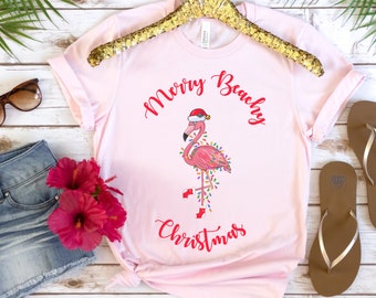 Beach Theme Christmas Shirt, Flamingo Christmas T-shirt, Merry Beachy Christmas T-shirt, Beachy Holiday Tee, Unisex Jersey Short Sleeve Tee