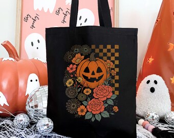 Pumpkin Jack O' Lantern Tote Bag: Black Cotton Canvas Halloween Shopping Bag