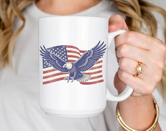 Patriotic Coffee Mug | Soaring Eagle with American Flag | USA Freedom Gift for Him | Red White Blue Ceramic Mug | Veteran Gift | 11oz 15oz