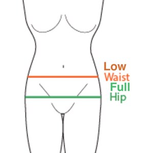 May include: Line drawing of a female figure with a low waist and full hips. The waist and hip measurements are marked with orange and green lines.