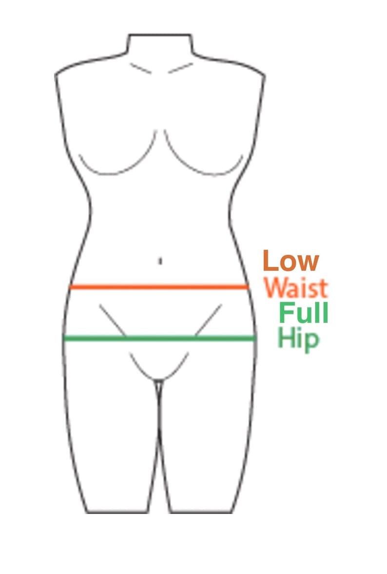May include: Line drawing of a female figure with a low waist and full hips. The waist and hip measurements are marked with orange and green lines.