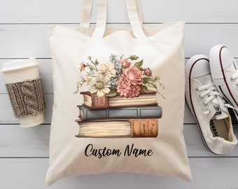 Personalized Book Lover Tote Bag, Library Book Bag With Custom Name, Floral Book Design Tote Bag, Custom Name Book Cotton Tote Bag, Book Bag