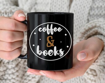 Coffee Mug for Book Lover, Coffee and Books Black Ceramic Mug 11 Ounce, Gift for Coffee and Book Lover, Black Coffee Mug for Reading Lover