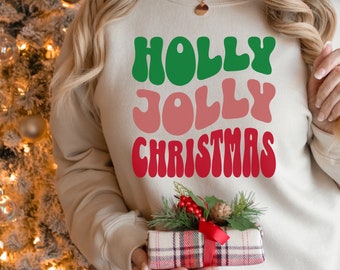 Holly Jolly Christmas Sweatshirt, Cozy Pullover Sweatshirt, Groovy Retro Lettering Shirt, Christmas Sweatshirt, Unisex Crewneck Sweatshirt