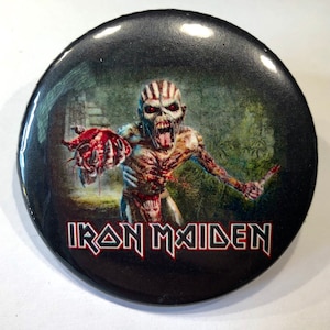 Iron Maiden Eddie Book of Souls logo new, 2 1/4 inch in diameter pin/ button or magnet