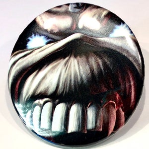 Iron Maiden Eddie closeup logo new, 2 1/4 inch in diameter pin/ button or magnet