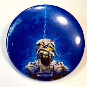 Iron Maiden Powerslave new, 2 1/4 inch in diameter pin/ button or magnet Eddie Mummy