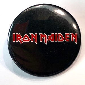 Iron Maiden basic logo new, 2 1/4 inch in diameter pin/ button or magnet