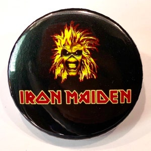 Iron Maiden Eddie&#39;s Head logo new, 2 1/4 inch in diameter pin/ button or magnet
