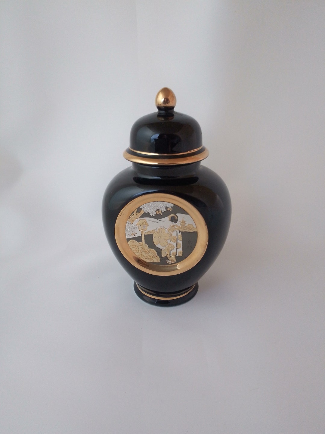 Vintage Japanese Chokin Black and Gold and Silver Lidded Vase Etsy