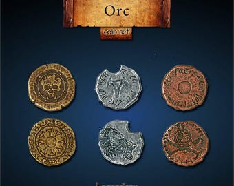 May include: A set of 7 collectible metal coins featuring an Orc theme. The coins are silver, gold, and bronze in color and feature various Orc-related imagery, including a skull, a wolf, and a sword.