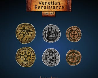 May include: Six silver and bronze coins with different designs, including a cross, a bird, and a ship. The coins are labeled "Venetian Renaissance coin set" and "Legendary Metal Coins".