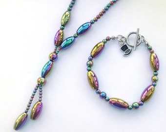 Rainbow haematite necklace, bracelet and earrings set