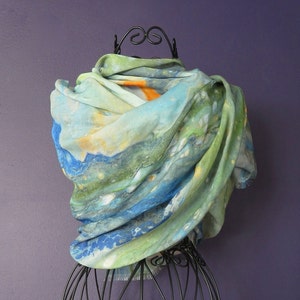Green and Blue Modal Silk Scarf, Long Lightweight Green All Season Scarf, Designer Natural Fabric Scarf, Gift Ideas for Women, Art Gifts
