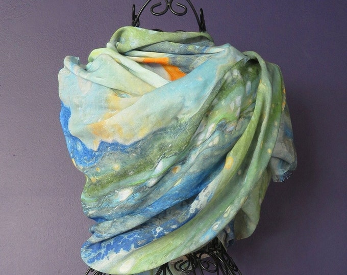 Green and Blue Modal Silk Scarf, Long Lightweight Green All Season Scarf, Designer Natural Fabric Scarf, Gift Ideas for Women, Art Gifts