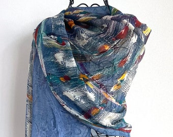 Blue Trimmed Silk Modal Scarf, Original Art Printed Scallop Seashell Scarf, Sea Scallop Scarf in Gift Box Envelope
