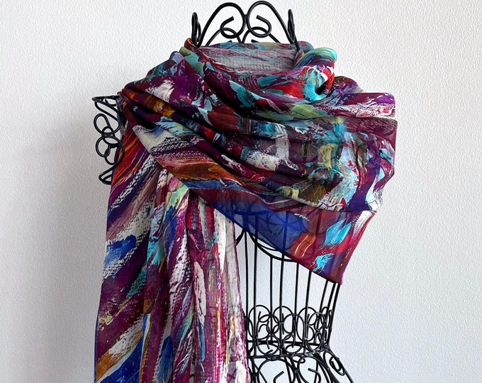 Vibrant Multicoloured Modal Silk Scarf in Gift Box Envelope, Original Artist Abstract Floral Print, Multicoloured Summer Shawl