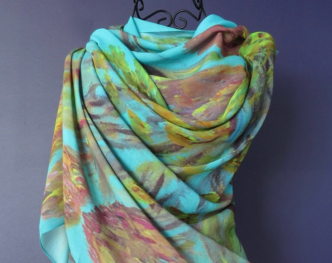 Long All Season Turquoise and Gold Modal Silk Scarf, Unique Gifts for Women, Artistic Natural Fabric Blend Scarf, Turquoise Summer Shawl